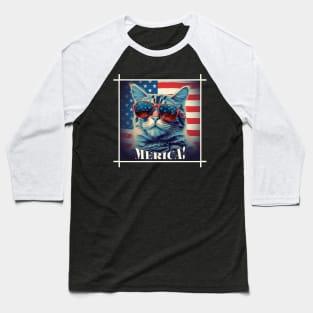 Funny Patriotic Cat MERICA! Happy Birthday America! Baseball T-Shirt
